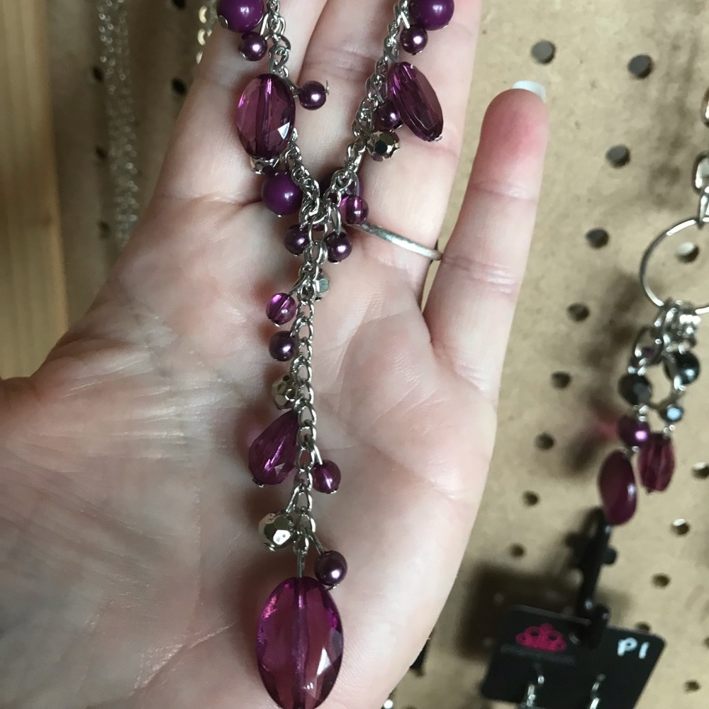 Dark purple crystal bead Y necklace.